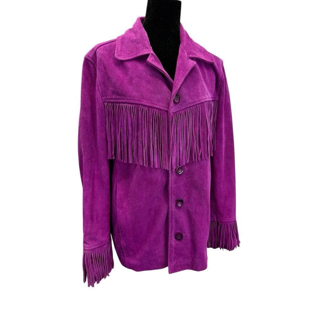 Nasty Gal Real Suede Fringe Jacket Orchid Pink Western Boho Oversized US 6 - Picture 6 of 13